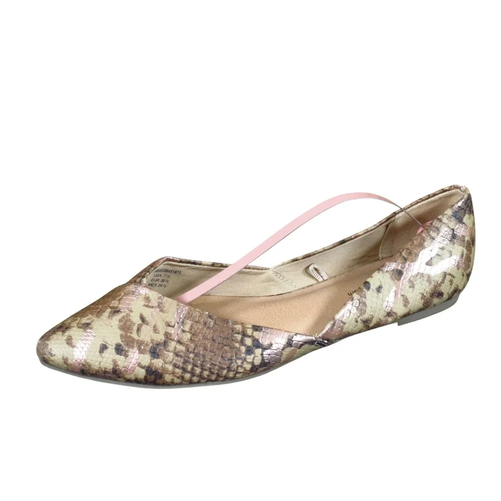 Time and Tru Women Point Toe Ballet Flat 7.5 Dress Work Metallic Snakeskin Brown